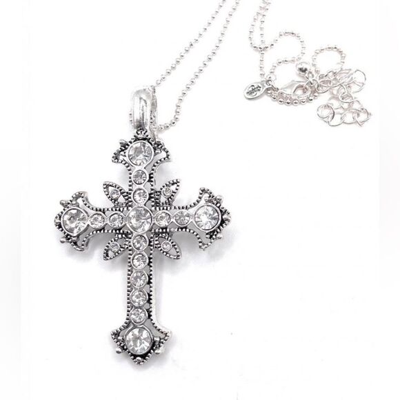 Vintage Premier Designs Silver Crystal Cross Necklace - Picture 2 of 3